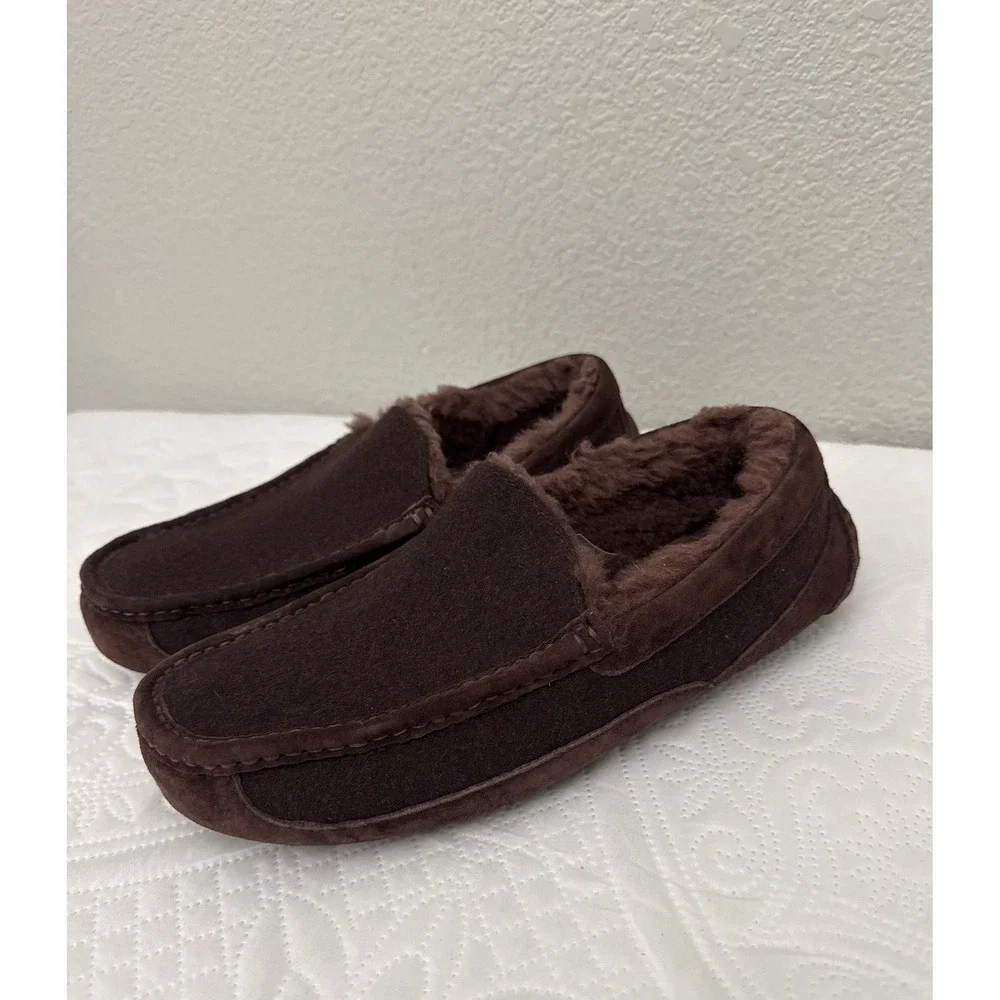 Ugg Men's Ascot Wool Suede Slipper Dark Brown Lined Slip On Moccasin Size 10